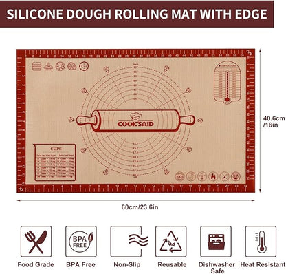 Cook's Aid Silicone Pastry Mat Extra Large with Measurements 26''x16'' for Reusable,Non-slip Silicone Baking Mat, Counter, Dough Rolling, Oven Liner,Fondant/Pie Crust, Red