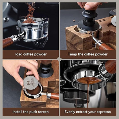 Bottomless Portafilter 58mm with Double Shot Filter Basket & Premium Walnutwood Handle, Portafilter with Puck Screen Compatible with All Breville 58mm Machines, Espresso Accessories, Silver
