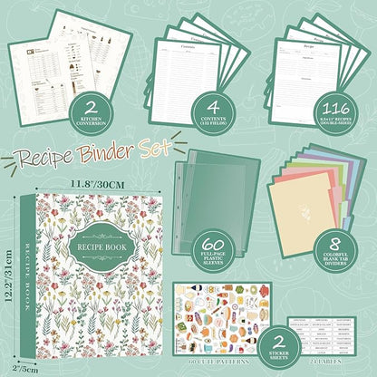 Lanpn Recipe Binder 8.5x11 3 Ring Kit, Blank Organizer Recipe Binder Waterproof Cookbook to Write in Your Own Recipes with 60 Plastic Sleeves,116 Recipes, Dividers,Labels & Stickers, Green