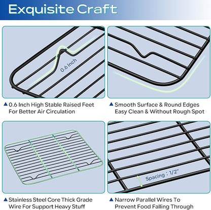 TeamFar Cooling Rack Set of 4, Stainless Steel Black Non-Stick Coated Various Size Wire Baking Roasting Rack for Baking Sheet Toaster Oven Pan, Non-Toxic & Non-Stick, Heavy Duty & Easy Clean