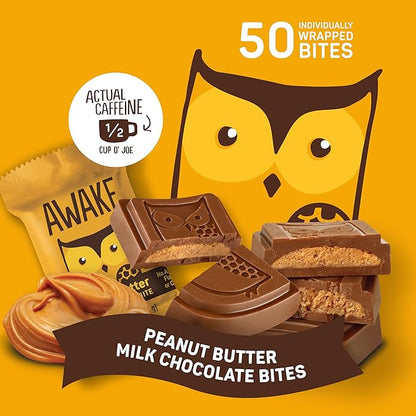 AWAKE - Caffeinated Chocolate Bites - Peanut Butter Milk Chocolate, 50 Bites - 50mg Caffeine - Wrapped Energy Bites - Coffee Alternative - Fairtrade, Gluten Free, Non GMO - 0.48oz