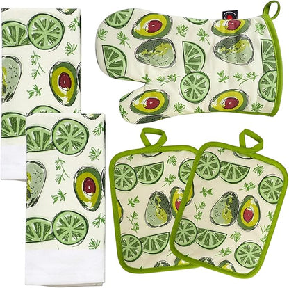 Oven Mitts and Potholders Dish Towles Set 100% Cotton for Perfect for Gifting, Baking and Everyday Cooking Durable Heat Resistant for Kitchen (5-Piece Lemon Avocado)