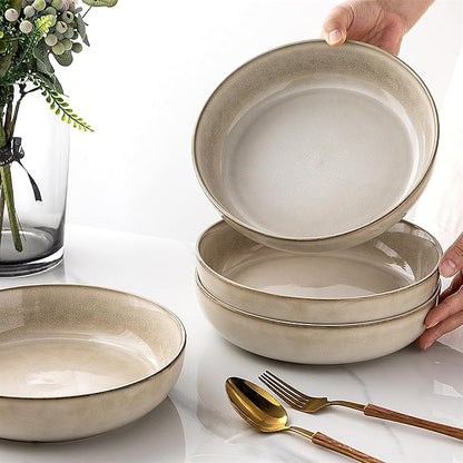 GBHOME 9'' Large Ceramic Pasta Bowls, 38oz Stoneware Pasta Serving Bowls Set of 4 for Kitchen, Wide Bowls for Fruit,Pasta,Salad,Oatmeal,Meal, Microwave Safe, Reactive Glaze-Cappuccino
