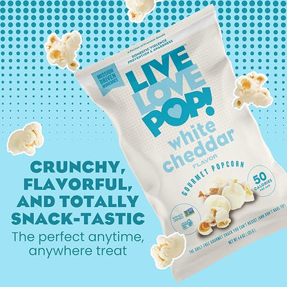 Live Love Pop White Cheddar Flavored Gourmet Popcorn, 4.4 Oz (Pack of 6), Healthy Snack, Gluten Free, Vegan & Non-GMO, Mission Driven Munchies