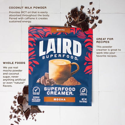 Laird Superfood Non-Dairy Coffee Creamer Mocha, Shelf-Stable Superfood Non-Dairy Powder Creamer, Gluten Free, Non-GMO, Vegan, 16 oz. Bag, Pack of 1