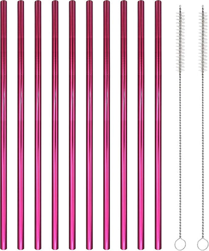 10 Pcs Stainless Steel Straws, Reusable Drinking Straws, Straight Metal Straw Sets with 2 Pcs Cleaning Brushes (10.5 Inch, Rose Red)