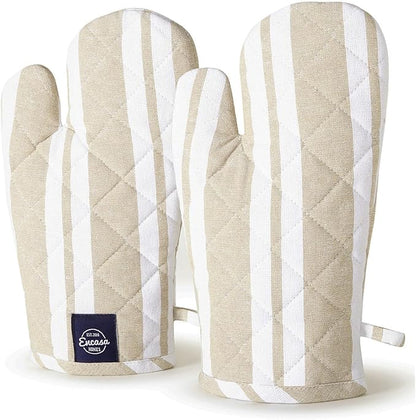 Encasa Homes Long 14 inch Oven Microwave Hand Gloves Mitts (2 pc Set) for Kitchen Cooking & Baking - Heat Resistant, Thick & Safe, Protection of Hands from Hot Utensils - Franca Beige Stripes