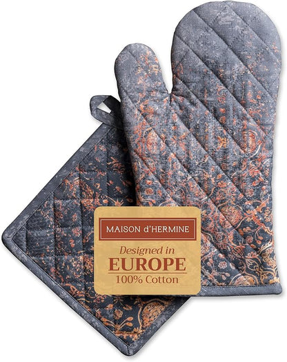 Maison d' Hermine 100% Cotton Oven Mitt & Pot Holder Set (7.5"x13" & 8"x8") Heat Resistant BBQ Cooking Gloves with Loop, Baking, Grilling, Kitchen, Handling Hot Pans (Imperfection)