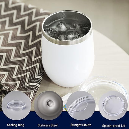 DOMICARE Stainless Steel Wine Tumbler Bulk with Lid, Personalized White Insulated Tumblers Set, 12oz Travel Coffee Cups Pack of 8