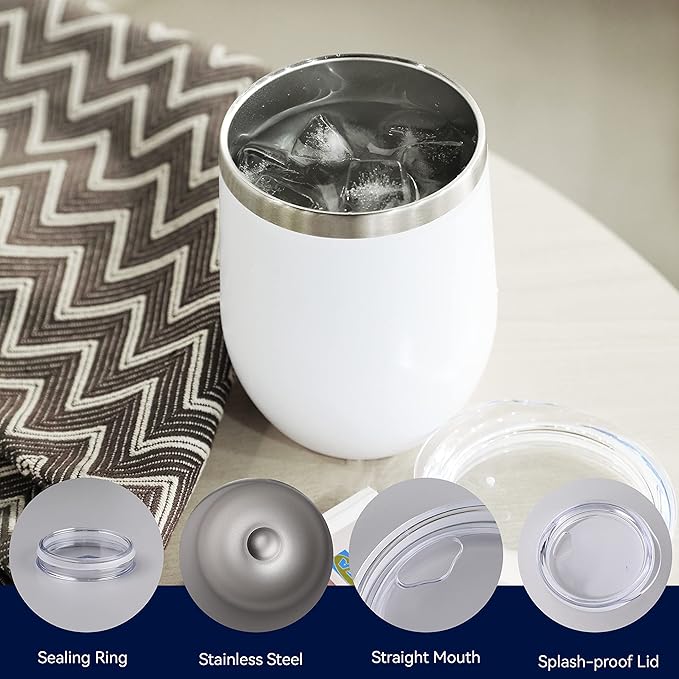 DOMICARE Stainless Steel Wine Tumbler Bulk with Lid, Personalized White Insulated Tumblers Set, 12oz Travel Coffee Cups Pack of 4