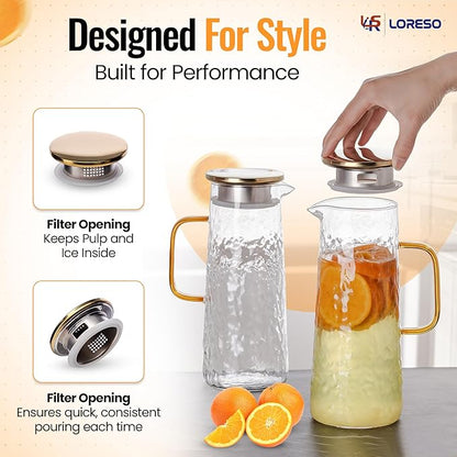 Glass Water Pitcher with Stainless Steel Lid, 2 Pack, 50 oz 1.5L - Borosilicate Glass Jug, Heat Resistant Carafe with Filter, Golden Vintage Design