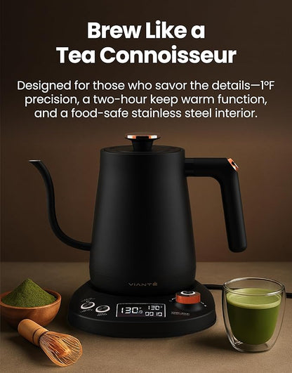 Vianté Electric Gooseneck Kettle with Precise Temperature Control. Pour Over Coffee & Tea Kettle. Boil-Dry Protection & Keep Warm Function. Stainless Steel, BPA-Free. Includes V60#2 Filters. 0.8L