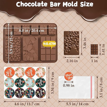 9 in 1 Silicone Break Apart Chocolate Bar Mold with Plastic Bags and Thanks for the stickers,Non Stick Homemade Protein and Energy Bar Mould - 113pcs