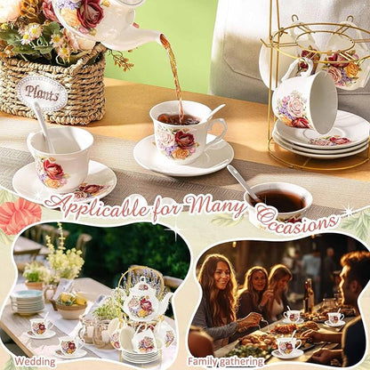 Zhehao 20 Pcs Porcelain Tea Set with Metal Holder and Spoon Adult Ceramic Tea Party Set European Flower Painting Teapot Cup Saucer Spoon for Women, Large Version (Styleish Style)