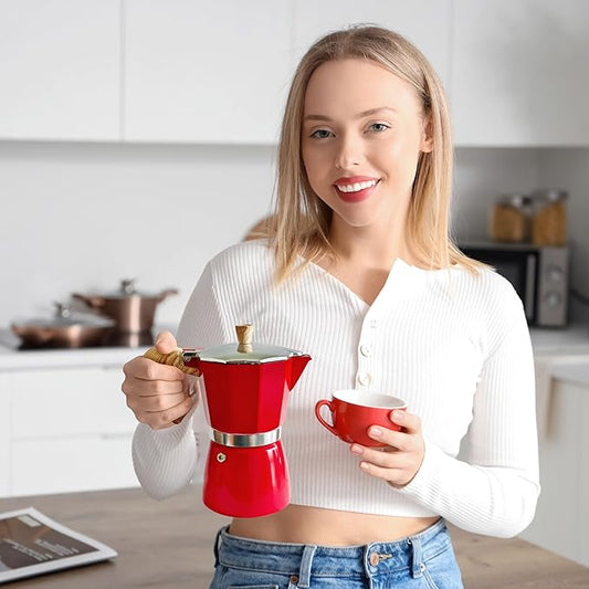 AGOGO Milano Moka pot, Stovetop Espresso maker, Greca Coffee Maker, Stovetop coffee maker and espresso maker percolator With Paper Filter 6 Cup Red
