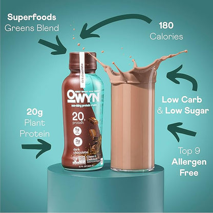OWYN Only What You Need Plant Based Protein Shake, Dark Chocolate, 20g Vegan Protein from Organic Pumpkin seed, Flax, Pea Blend, Omega-3, Prebiotic supplements, Gluten and Soy-Free, (12 Pack)