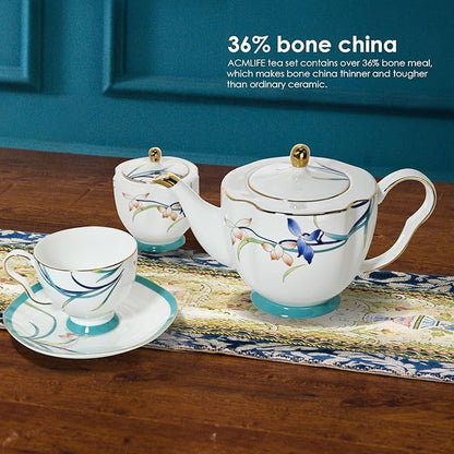 ACMLIFE Tea Cups and Saucers for 1, Bone China Teacup Set for Adults with Gold Trim and Gift Box, Blue and White Chinese English British Wedding Tea Set for One Coffee Cup Set 6.8 oz (Blue-Bamboo)