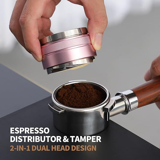 51mm Coffee Distributor and Tamper,Dual Head Coffee Leveler Fits for Delonghi 51mm Portafilter,Professional Espresso Hand Tamper.(Light pink)
