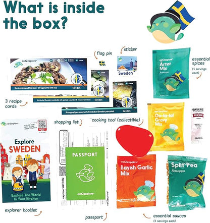 eat2explore Cooking Kits for Kids – Interactive & Educational Kids Cooking Sets Real for Ages 5 and Up,3 Recipe Cards & Global Ingredients – Fun Gift for Young Chefs (Sweden Edition)