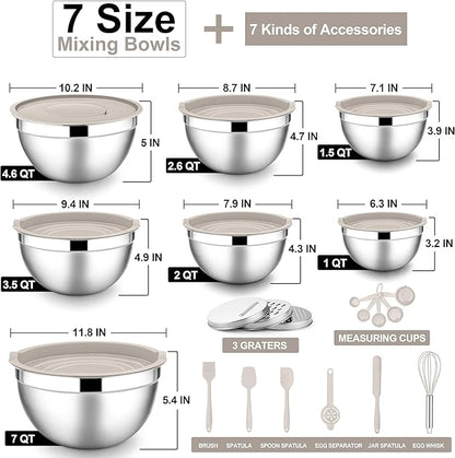 E-far Mixing Bowls with Lids Set, 21PCS Stainless Steel Mixing Salad Bowls with 3 Grater Attachments, Size 7, 4.6, 3.5, 2.6, 2, 1.5, 1QT, Nesting Design & Khaki Airtight Lid, For Baking/Prepping