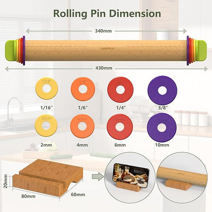 Rolling Pin with Thickness Rings and Pastry Baking Mat, 13.6" Adjustable Wooden Rolling Pin Dough Roller for Baking Cookie Pizza, Comes with Large Silicone Pastry Mat and Wooden Stand