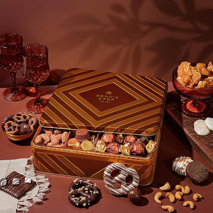 Holiday Chocolate Gift Basket– Thanksgiving Snack Box with Covered Pretzels, Oreos, Nuts & Sweets – Gourmet Food Gift Tin for Christmas, Families, Men, Women, Clients- Bonnie and Pop