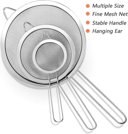 3Pcs Super Wire Extra Fine Mesh Strainer with Handle, Small Medium Large Size Sifter Metal Strainer Set, Stainless Steel Sieve Fine Mesh Strainers for Kitchen Rice Juice Quinoa Food Flour Baking YLYL