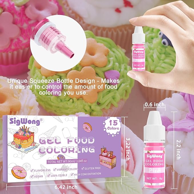 Gel Food Coloring - 15 Colors Flavorless Gel Based Food Color Dye, Vibrant Edible Concentrated Food Coloring for Cake Cookie Decorating, Easter Egg, Icing, Fondant, Baking, Macaron (6g/Bottle) - Vegan