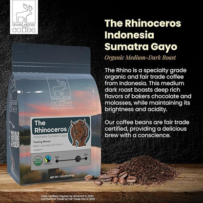 Diving Moose Coffee - The Rhinoceros Sumatra Gayo USDA Organic Medium Dark Roast (16oz / 1 LB) - Bakers Chocolate Raspberry Specialty Grade 100% Arabica Small-Batch Roasted to Order Smooth Not Bitter