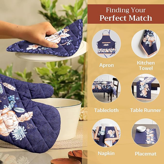 Maison d' Hermine Oven Gloves 100% Cotton Oven Mitt 7" x 13" with Loop Heat Resistant, BBQ, Cooking Gloves, Baking, Grilling, Kitchen, Handling Hot Pans (Pack of 1, Pumpkin Blues)