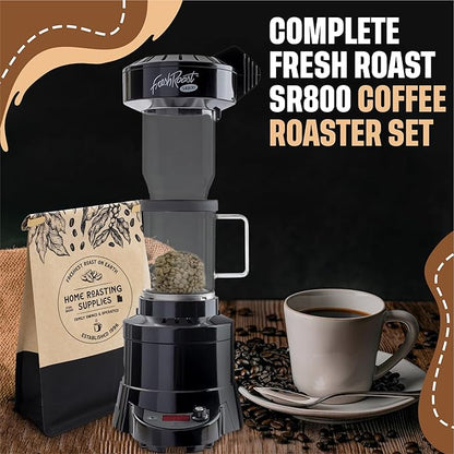 Fresh Roast Coffee Roaster Bundle SR800, Glass Extension Tube, Burr Grinder, (2 Lbs) Sample Pack of Green Beans, (2- pack) Sample trays