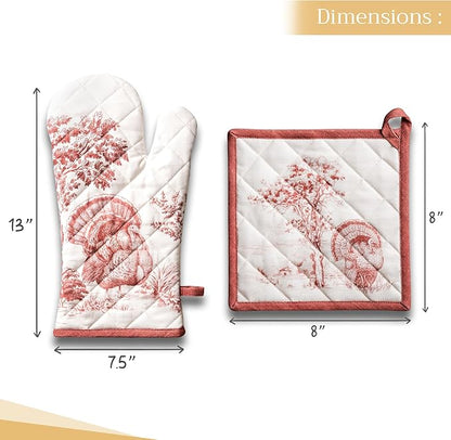 Maison d' Hermine 100% Cotton Oven Mitt & Pot Holder Set (7.5"x13" & 8"x8") Heat Resistant BBQ Cooking Gloves with Loop, Baking, Grilling, Kitchen, Handling Hot Pans (Holy Jouy - Red)