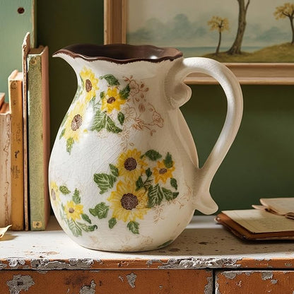 Vintage Vase with Handle, 7.6 Inch Ceramic Pitcher Sunflower Floral Vase, Rustic Farmhouse Vases for Grandma Core Home Decor, Bookshelf Office Tuscan Decor (Large Teapot)
