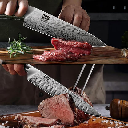 SHAN ZU Kitchen Knife Set with Double Sided Magnetic Knife Block, 7PCS Knives Block Sets in Powder Steel Ultra Sharp Japanese Knife Sets with Sharpening Steel Chef Knives Set with Pakkawood Handle