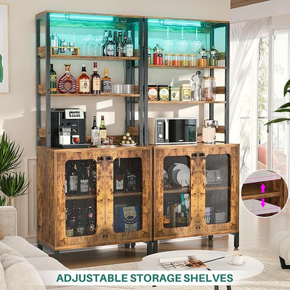 Aheaplus Bar Cabinet with Power Outlets, 67" Tall Wine Bar Liquor Cabinet with LED Lights & Glass Holder, Coffee Bars Station for Living Room, Microwave Stand Bakers Rack Cabinets, Rustic Brown