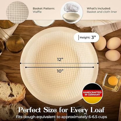 Sourdough Proofing Basket and Starter Jar Kit – 3.3 LB Round Wood Pulp Banneton with Waffle Pattern (Made in Germany) and 34 oz Sourdough Starter Jar, Thermometer Strips & Spatula – Bread Proofing Set
