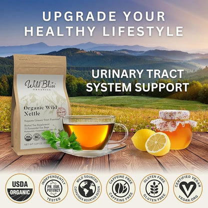 Wild Bliss Organic Wild Stinging Nettle Leaf Tea - Caffeine Free Urinary Tract and Joint Health Herbal Support - Pharmacopoeia Potency - 75 Plant Based Tea Bags