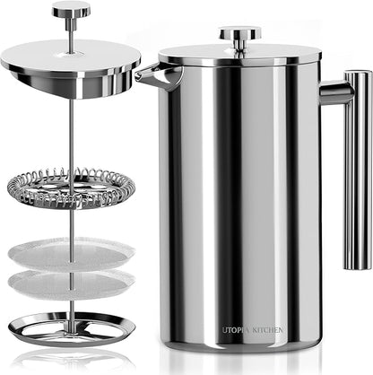 Utopia Kitchen Stainless Steel French Press Coffee Maker 50 Oz, French Press Tea Maker, Cold Brew Portable Travel Coffee Presses, Tea Press Gifts Silver
