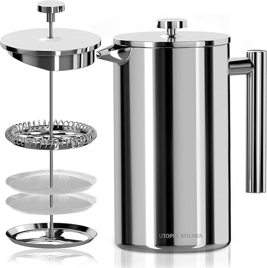 Utopia Kitchen Stainless Steel French Press Coffee Maker 50 Oz, French Press Tea Maker, Cold Brew Portable Travel Coffee Presses, Tea Press Gifts Silver