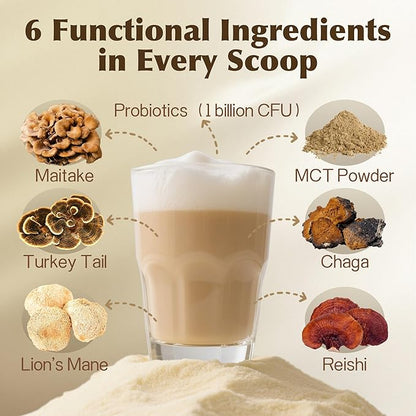Mushroom Coconut Creamer, Natural Creamer for Coffee, 5 Mushrooms Extract, MCT Powder & Probiotics | Lion's Mane, Turkey Tail, Reishi, Maitake, Chaga | Plant-Based, Keto-Friendly| 6.35 Oz
