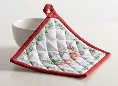 Maison d' Hermine 100% Cotton Oven Mitt & Pot Holder Set (7.5"x13" & 8"x8") Heat Resistant BBQ Cooking Gloves with Loop, Baking, Grilling, Kitchen, Handling Hot Pans (Christmas Tradition)