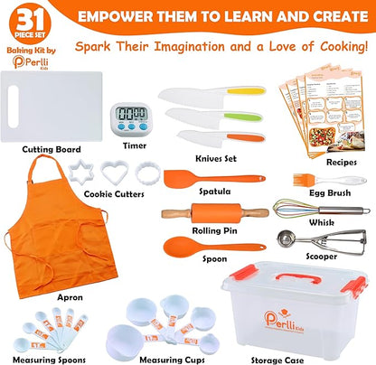 PERLLI Kids Real Cooking Set for Cooking and Baking – 31 Pc. Gift for Junior Chef with Real Utensils, Case & Safe Kids Knife Set for Boys & Girls – Fine Motor Skills & Fun for Children Ages 6+, Orange