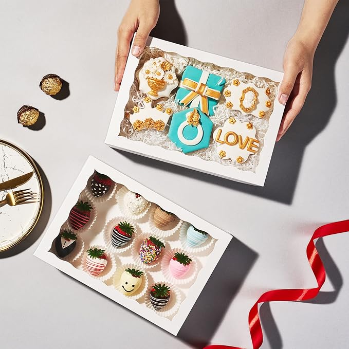24 PCS 9.5" x 6" x 2" Bakery Boxes with Window for Cookies, Cakesicle, Chocolate Bomb, Macaron, Chocolate Covered Strawberries and Pretzel Rods