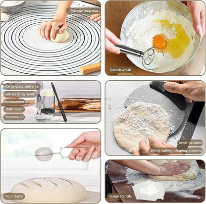 4 Color Complete sourdough bread makin Starter Kit,Sourdough Bread Baking Supplies for Beginner with Pot, Banneton Bread Proofing Baskets, Starter Jar, Scraper, Bread Making Tools & More (White)