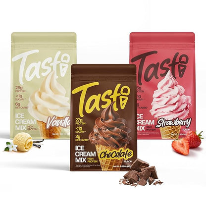 TASTI High-Protein Ice Cream Mix - Chocolate, Vanilla, & Strawberry Low Sugar Ice Cream Powder - Made for Ninja Creami, Soft Serve Mix with <200 Calories (6-Pack, 2 of Each Flavor)