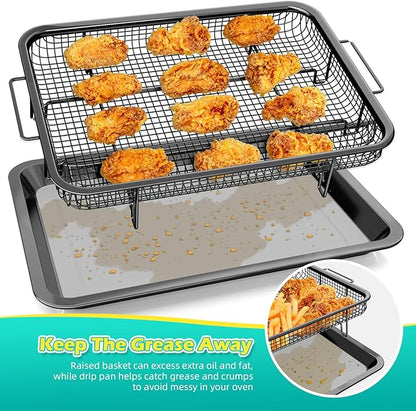 Air Fryer Basket for Oven, OPENICE 15.6" x 11.6" Air Fryer Tray and Pan Set with 30PCS Parchment Papers, Stainless Steel Oven Air Fryer Basket and Tray for Baking Grilling - Black