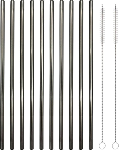 10 Pcs Stainless Steel Straws, Reusable Drinking Straws, Straight Metal Straw Sets with 2 Pcs Cleaning Brushes (8.5 Inch, Black)