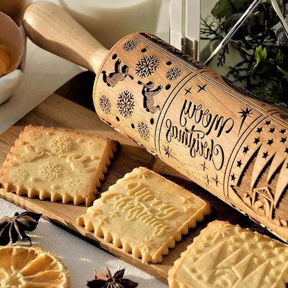 17" Premium Wood Rolling Pin with Nativity Embossed Designs | 3mm Deep Springerle Cookie Molds | Christmas Rolling Pin & Baking Gifts for Women | Includes 3-in-1 Cleaning Brush ﻿