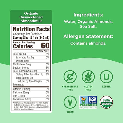 Califia Farms - Organic Unsweetened Almond Milk, 32 Oz (Pack of 6), Dairy Free, Vegan, Plant Based, Keto, Vegan, Gluten Free, Non GMO, USDA Organic