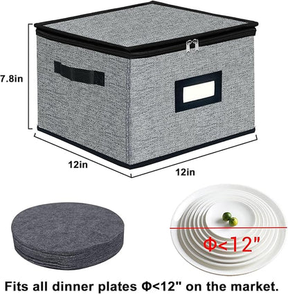 Homyfort China Storage Containers - Dinner Plate Storage with Lid, Handles, Hard Shell Dinnerware Protectors for Moving Bowls, Saucer, Padded Protective Storage, 12x12, 2 Pack